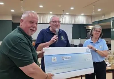 Richard Fagan of Drumgrange Ltd presents a £500 sponsorship cheque to Dorchester Royal Naval Association treasurer Pat Knight and chair Steve Armstrong