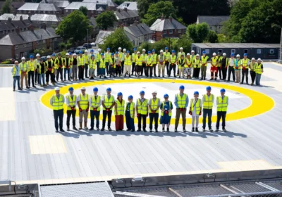A topping out ceremony was held to mark the installation of the rooftop helipad. Picture: Finnbarr Webster