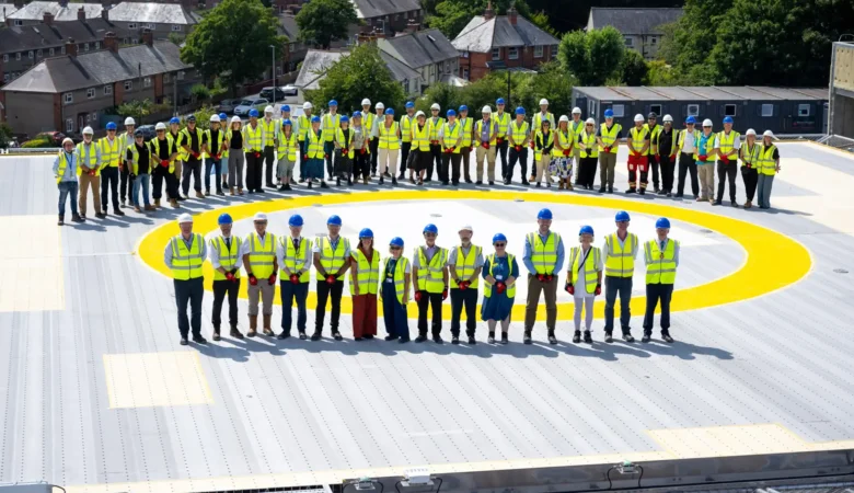 A topping out ceremony was held to mark the installation of the rooftop helipad. Picture: Finnbarr Webster