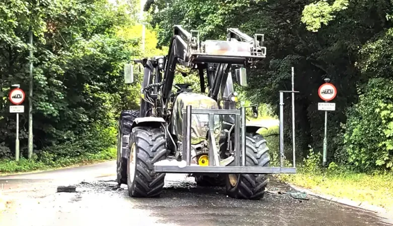 The tractor was still at the roundabout after the blaze was put out. Picture: New Blackmore Vale