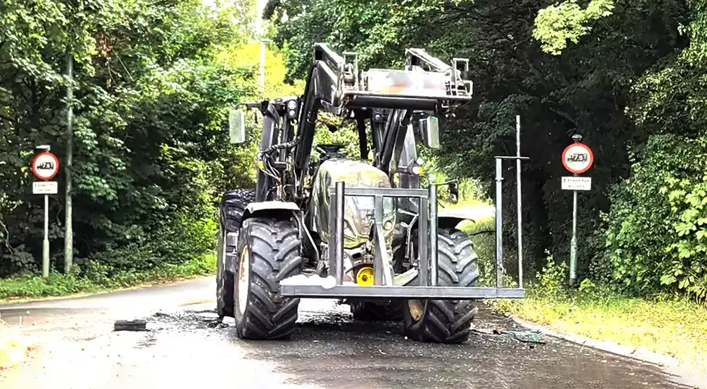 The tractor was still at the roundabout after the blaze was put out. Picture: New Blackmore Vale