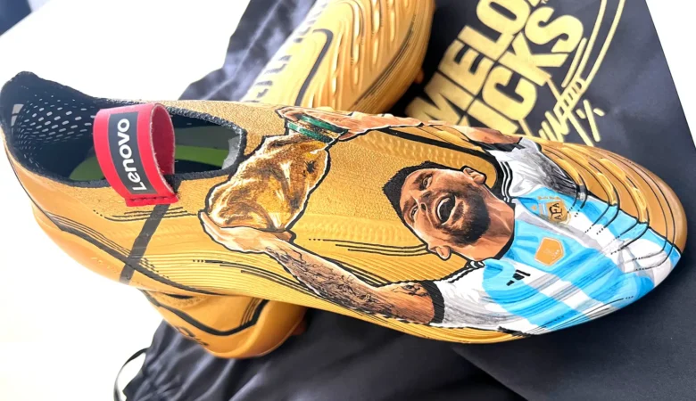 The hand-painted football boots feature Argentina star Lionel Messi