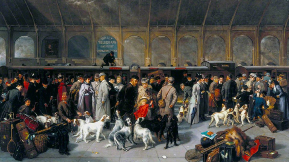 Going North, King’s Cross Station, painted by George Earl in 1893, shows the gentry taking their hunting dogs with them  to Scotland