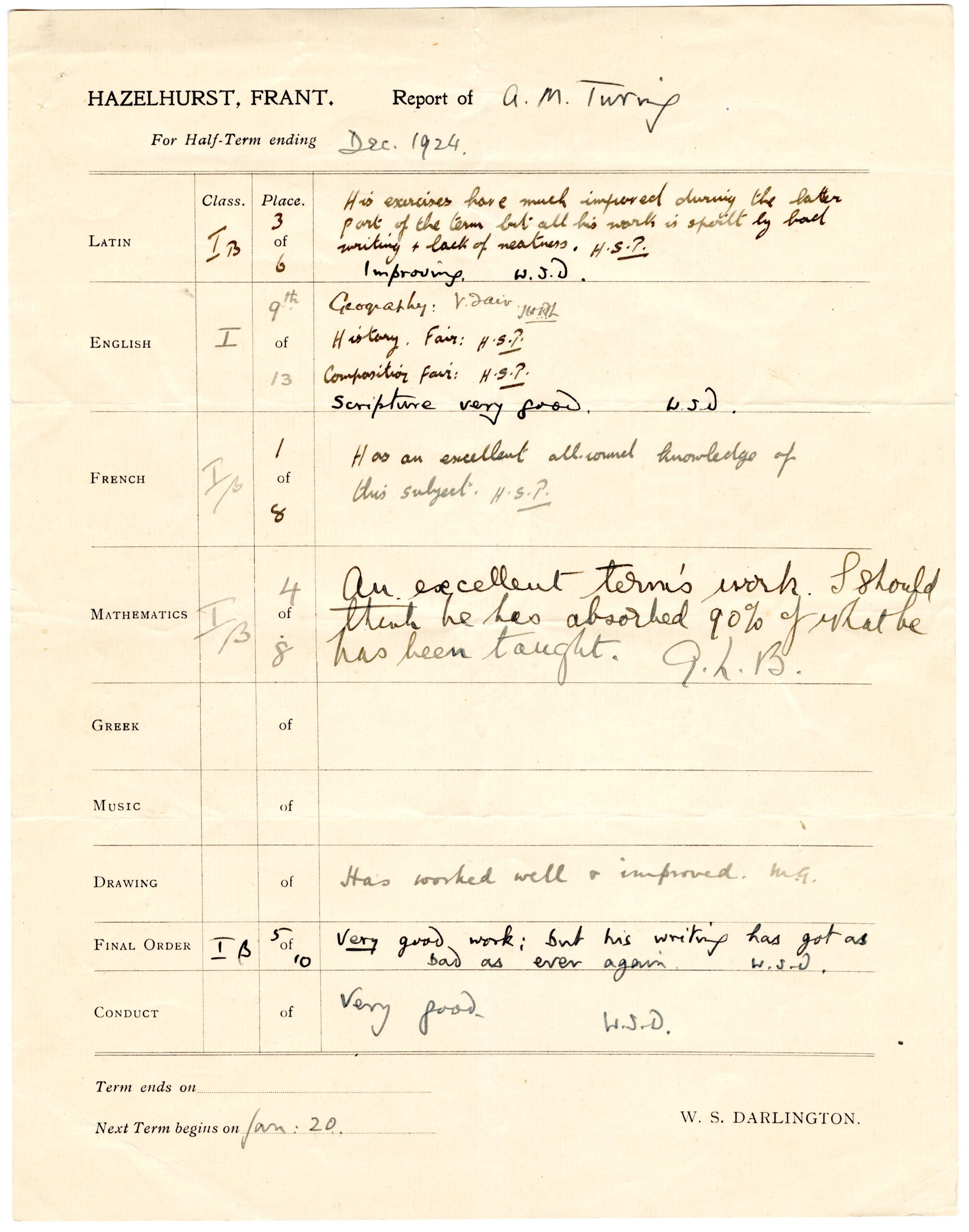 Alan Turing's half-term report from Hazlehurst Prep School from 1924. Picture: Sherborne School