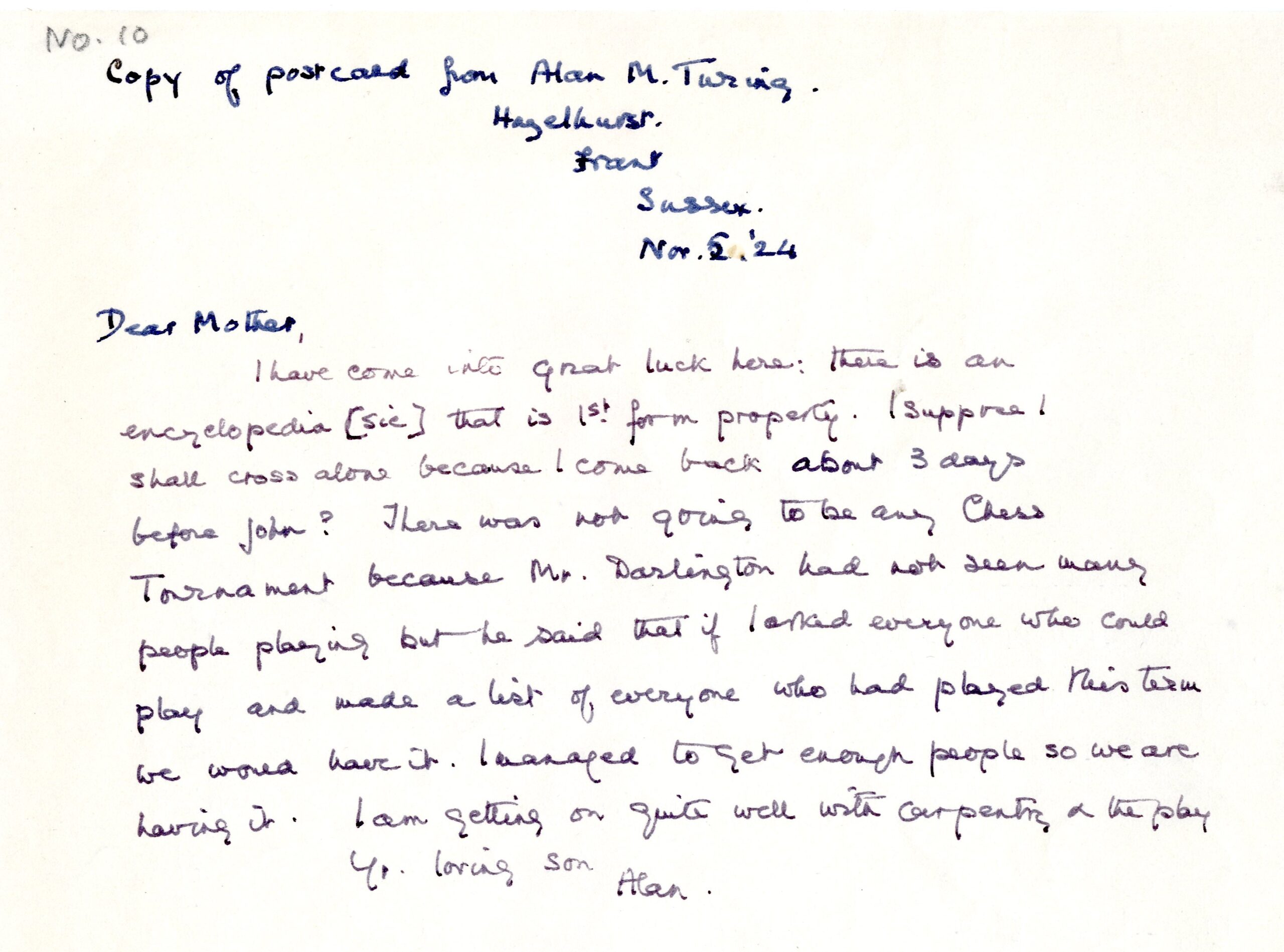 A photostat transcript of a postcard sent by Alan Turing in November 1924. Picture: Sherborne School