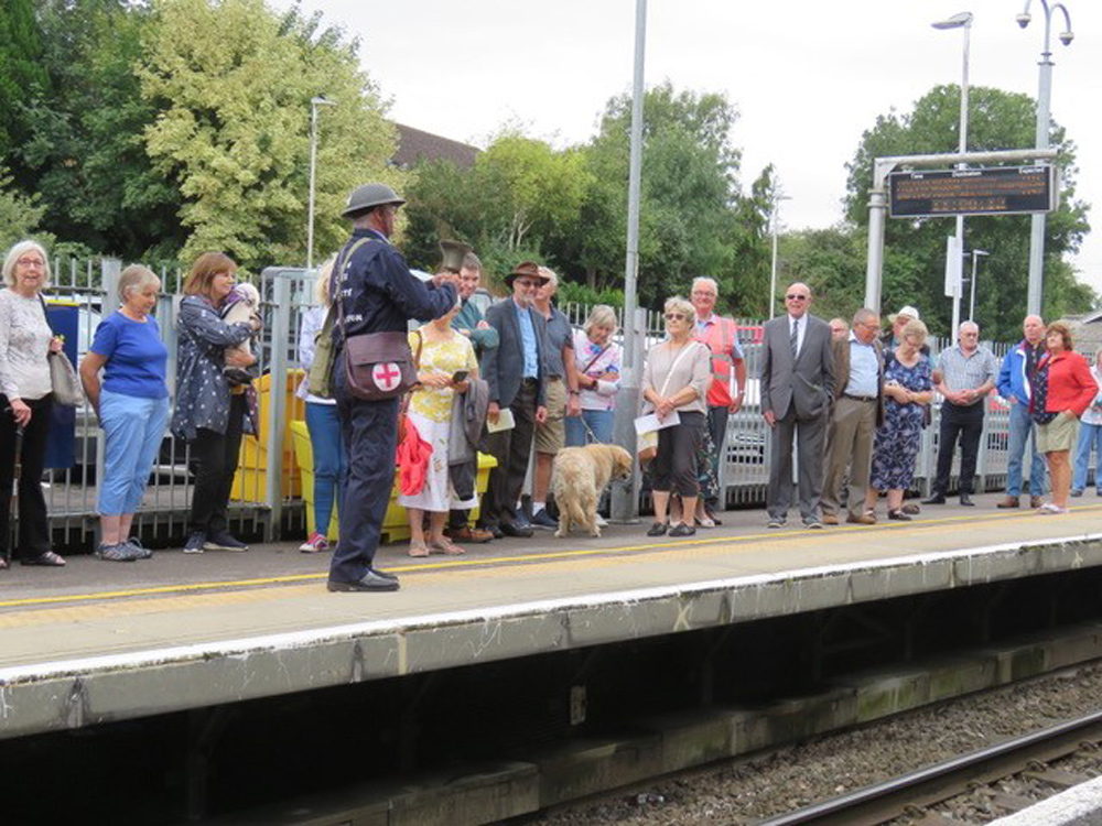 Town crier and railway enthusiast Cliff Skey donned an air raid warden suit, complete with tin helmet, gas mask and first aid box, and rang his town crier’s bell in memory of those that were lost at the memorial service attended by scores of people.