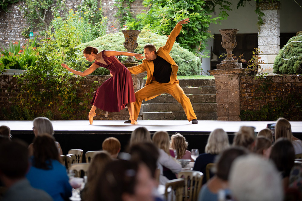 Fabian Reimair, first soloist of the English National Ballet, and Fernanda Oliveira Principal of the English National Ballet, in Opposites Attract. Hatch House Presents Ballet Under the Stars. Photo by Alice Pennefather.