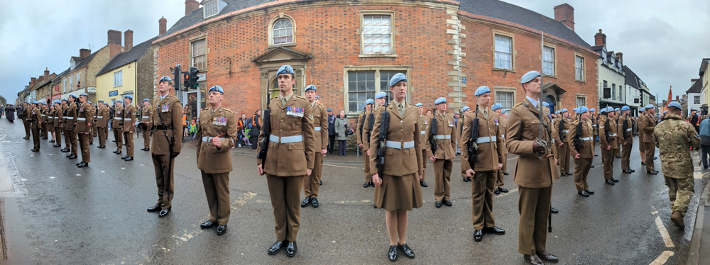Panoramic of members of the Army Air Corps on parade in Wincanton High Street