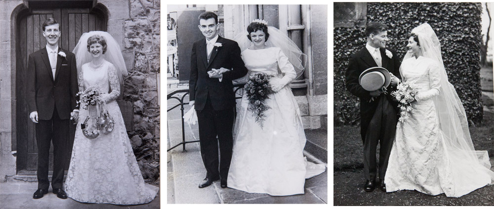 This summer, these three couples celebrated their 60th Diamond Wedding Anniversaries, together. from left to right: Janet and Tony Cole, Pam and Geoff Tapper, and Colleen and Don Farquharson as they are now; 60 years ago from the top: Pat and Geoff, Janet & Tony, Colleen and Don