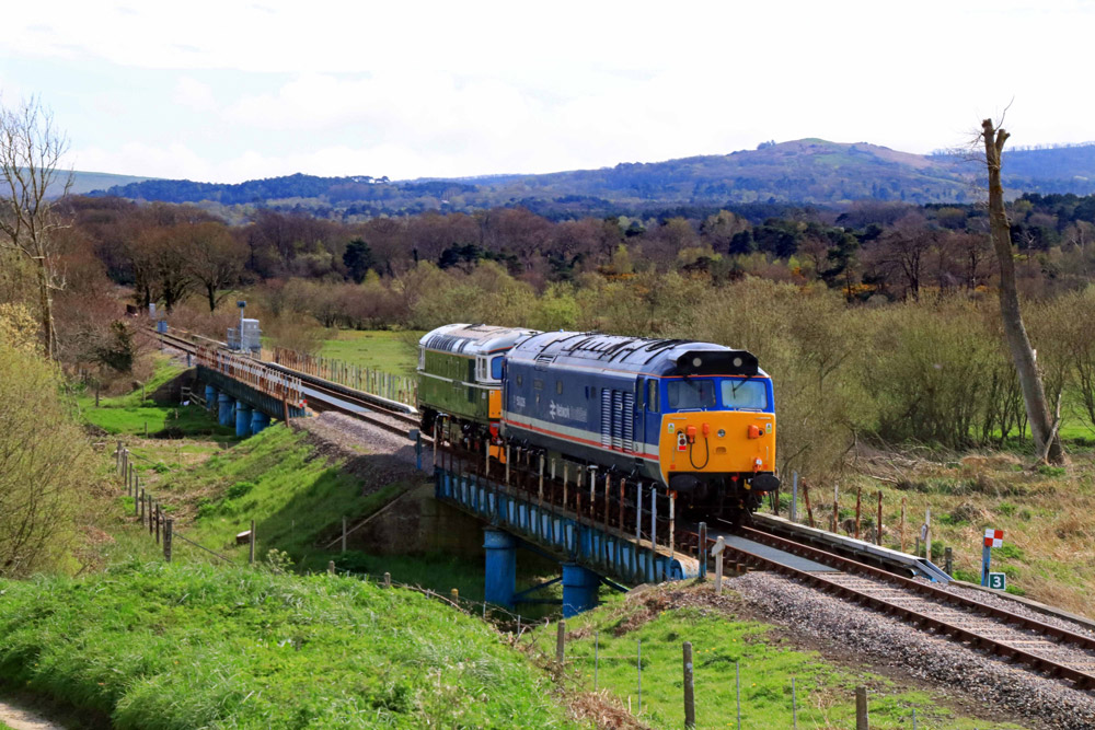 Class 33 D6515 & Class 50, River Frome south of Worgret Junction, Thursday 14 April 2022, Photo by Andrew Wright