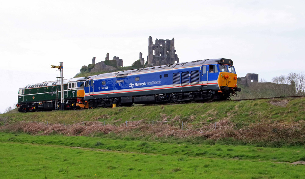 Class 33 D6515 &amp; Class 50 50 026, Corfe Castle, Friday 22 April 2022, Photo by Andrew Wright