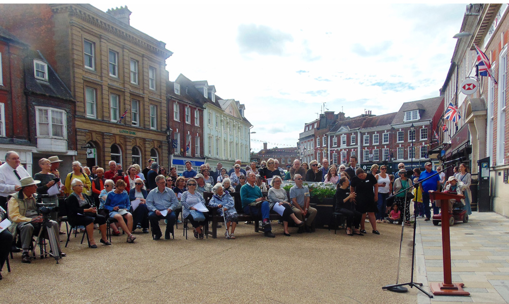 Some of those who gathered in Blandford Market Place to hear the Proclamation of the Accession of Charles III