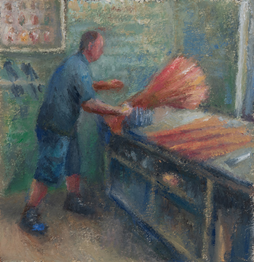 Duncan hackling horsehair at John Boyd Textiles