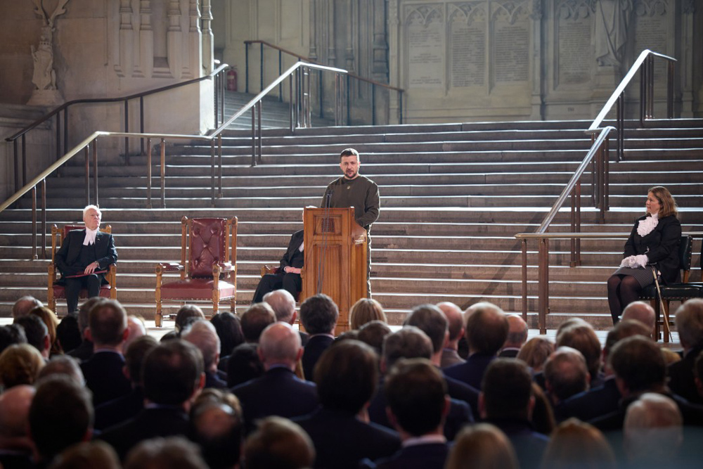 President Volodymyr Zelensky addressing MP's at Westminster Hall