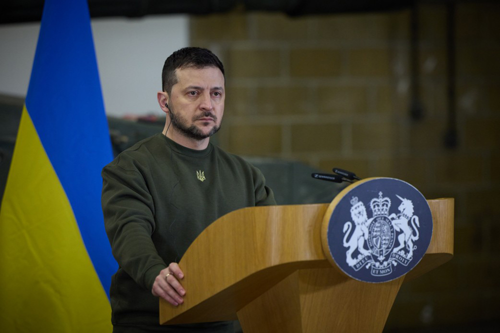 President Volodymyr Zelensky at press conference in Dorset with MP Rishi Sunak